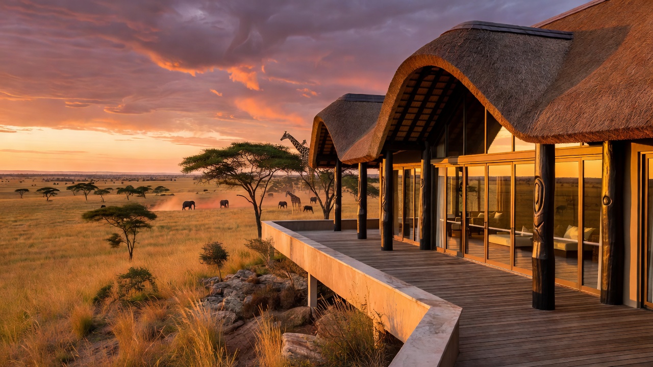 Luxury safari casino overlooking an African savannah at sunset with elegant architecture