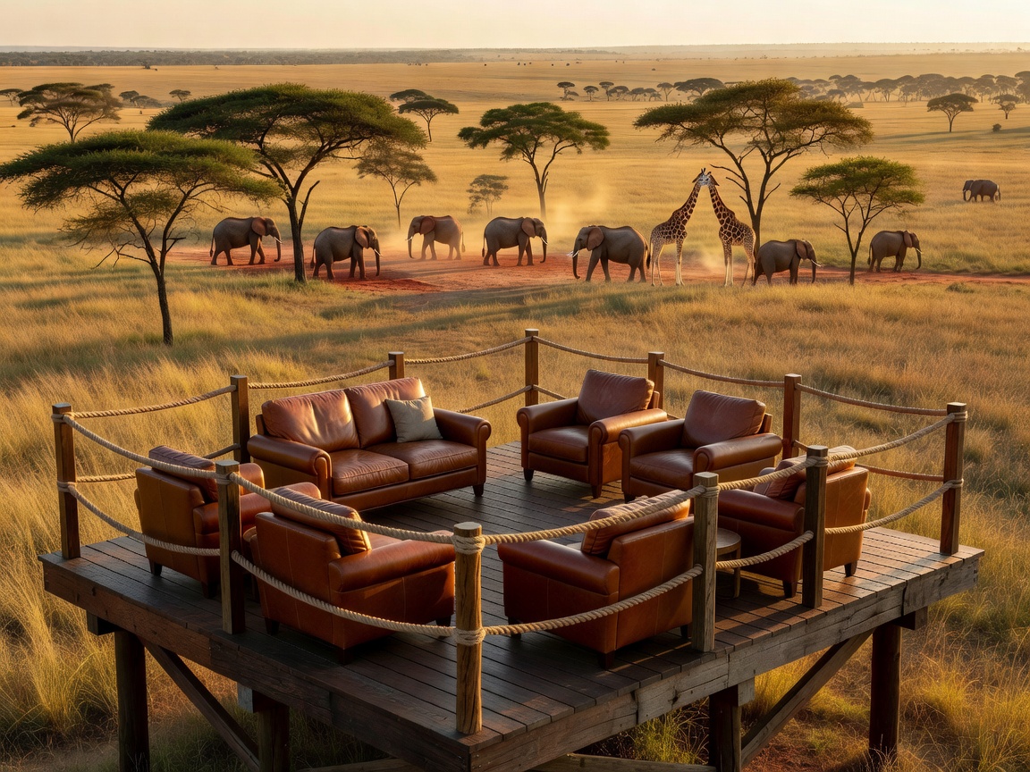 Luxury safari deck featuring leather seating and wildlife views