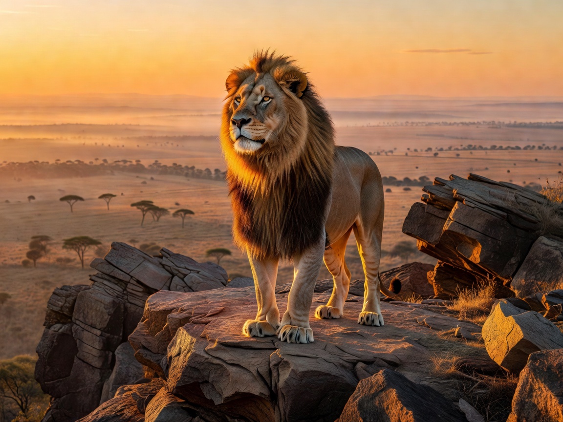 Majestic African lion standing proudly on a rocky overlook at sunrise