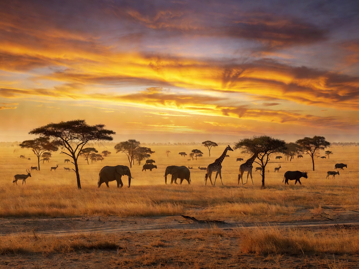 Panoramic African sunset across the savannah with silhouettes of wildlife