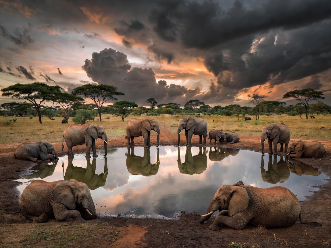 Tranquil watering hole surrounded by elephants beneath dramatic skies